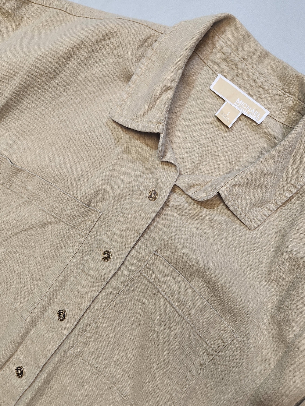 MICHAEL KORS Blouse size Small S Khaki Button Up Tie at Waist Gold Buttons - Picture 2 of 6